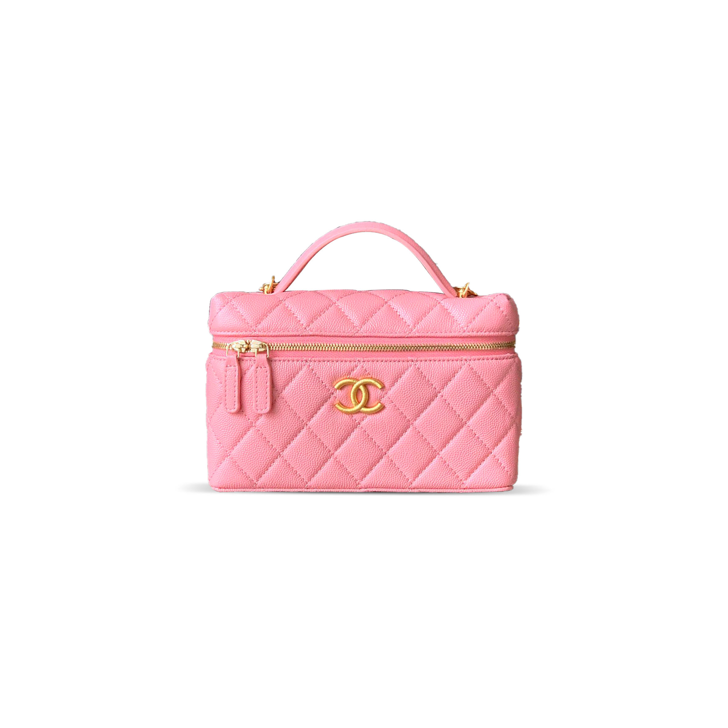 CHANEL CC TOP HANDLE LONG VANITY CASE WITH CHAIN SHINY CAVIAR LIGHT GOLD HARDWARE PINK AP4385 (19.5*17*5cm)